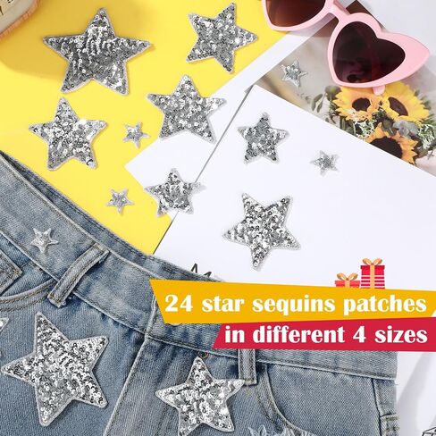 24 Pcs Sequin Star Iron on Patches in 4 Sizes Embroidered Decorative Shiny Stars Patches for Clothing Bags Jackets Jeans Hats Backpacks Costume Accessory（Sliver, Star） in Saudi Arabia
