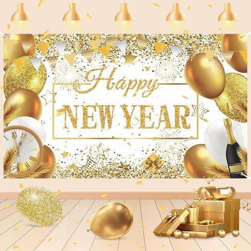 الذهب الأبيض سنة جديدة سعيدة الديكور راية بريق الذهب سنة جديدة سعيدة خلفية راية لرأس السنة الجديدة حفلة ليلة لوازم الصور 2025 السنة الجديدة خلفية راية رأس السنة الجديدة لوازم الحفلات 2025 in Kuwait