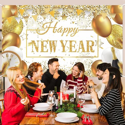 الذهب الأبيض سنة جديدة سعيدة الديكور راية بريق الذهب سنة جديدة سعيدة خلفية راية لرأس السنة الجديدة حفلة ليلة لوازم الصور 2025 السنة الجديدة خلفية راية رأس السنة الجديدة لوازم الحفلات 2025 in Kuwait