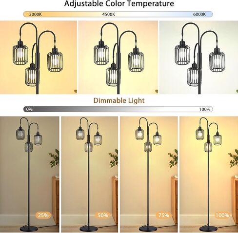 Casia Industrial Tree Floor Lamp, 1 Pack Rustic Standing Tall Lamps for Living Room with 3 X 9W LED Bulbs, Tall Vintage Pole Light for Bedroom, Office, Rustic Tree Tall Lamps(Black, 16" W) in Saudi Arabia