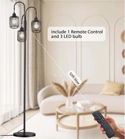 Casia Industrial Tree Floor Lamp, 1 Pack Rustic Standing Tall Lamps for Living Room with 3 X 9W LED Bulbs, Tall Vintage Pole Light for Bedroom, Office, Rustic Tree Tall Lamps(Black, 16" W) in Saudi Arabia
