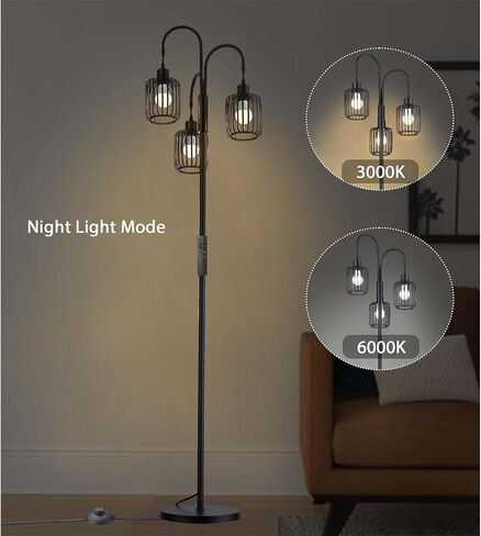 Casia Industrial Tree Floor Lamp, 1 Pack Rustic Standing Tall Lamps for Living Room with 3 X 9W LED Bulbs, Tall Vintage Pole Light for Bedroom, Office, Rustic Tree Tall Lamps(Black, 16" W) in Saudi Arabia