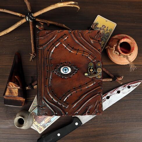 Ward Off Evil Eye Protection Leather Journal Hocus Pocus Spell Book of Shadows Grimoire Notebook for Men Women Decor Prop Blank Unlined Deckle Edge Paper Third Eye Vintage Diary with Clasp Lock in Saudi Arabia