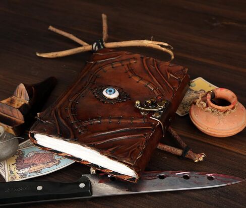 Ward Off Evil Eye Protection Leather Journal Hocus Pocus Spell Book of Shadows Grimoire Notebook for Men Women Decor Prop Blank Unlined Deckle Edge Paper Third Eye Vintage Diary with Clasp Lock in Saudi Arabia
