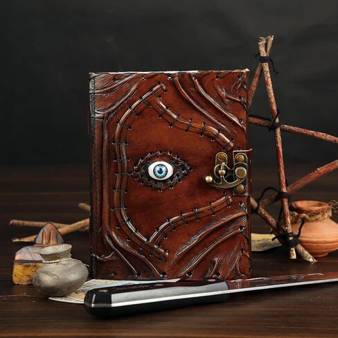 Ward Off Evil Eye Protection Leather Journal Hocus Pocus Spell Book of Shadows Grimoire Notebook for Men Women Decor Prop Blank Unlined Deckle Edge Paper Third Eye Vintage Diary with Clasp Lock in Saudi Arabia