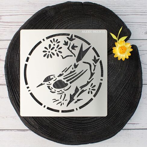 Aleks Melnyk No.467 استنسل معدني، طائر على فرع شجرة، فروع مع زهور، حيوانات برية، استنسل صغير، قطعة واحدة، قالب لحرق الخشب، النقش، الصياغة، سجل القصاصات، الفن in Kuwait