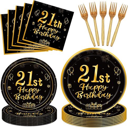 96Pcs 21st Birthday Decorations Black Gold Party Tableware Table Decorations 21st Birthday Plates Napkins Dinnerware for Boys Girls 21 Years Old Birthday Party Favor Serves 24 in Kuwait