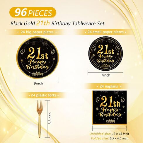 96Pcs 21st Birthday Decorations Black Gold Party Tableware Table Decorations 21st Birthday Plates Napkins Dinnerware for Boys Girls 21 Years Old Birthday Party Favor Serves 24 in Kuwait