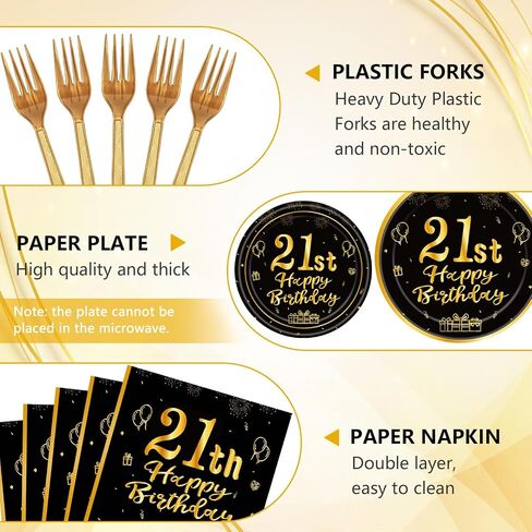 96Pcs 21st Birthday Decorations Black Gold Party Tableware Table Decorations 21st Birthday Plates Napkins Dinnerware for Boys Girls 21 Years Old Birthday Party Favor Serves 24 in Kuwait