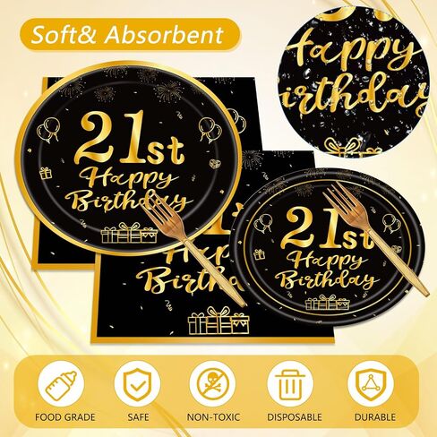96Pcs 21st Birthday Decorations Black Gold Party Tableware Table Decorations 21st Birthday Plates Napkins Dinnerware for Boys Girls 21 Years Old Birthday Party Favor Serves 24 in Kuwait