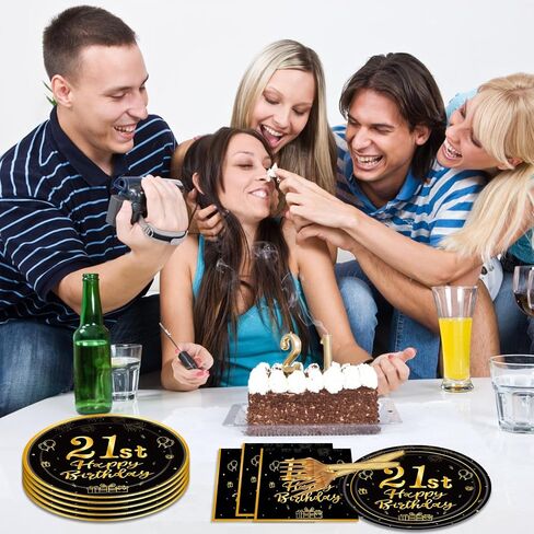 96Pcs 21st Birthday Decorations Black Gold Party Tableware Table Decorations 21st Birthday Plates Napkins Dinnerware for Boys Girls 21 Years Old Birthday Party Favor Serves 24 in Kuwait