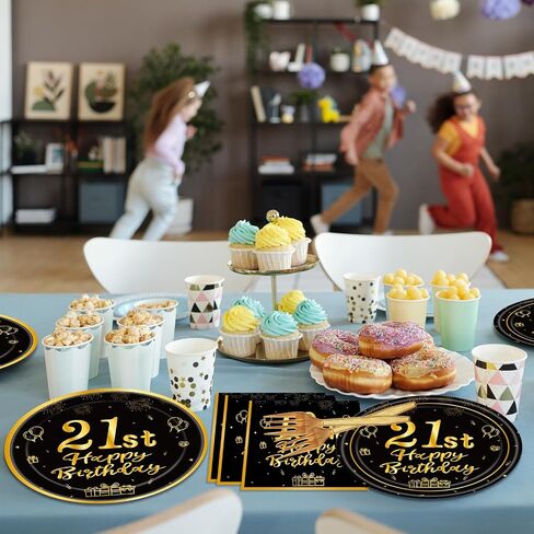 96Pcs 21st Birthday Decorations Black Gold Party Tableware Table Decorations 21st Birthday Plates Napkins Dinnerware for Boys Girls 21 Years Old Birthday Party Favor Serves 24 in Kuwait
