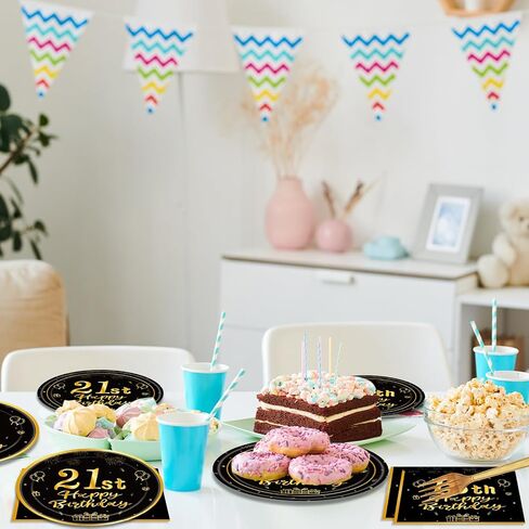 96Pcs 21st Birthday Decorations Black Gold Party Tableware Table Decorations 21st Birthday Plates Napkins Dinnerware for Boys Girls 21 Years Old Birthday Party Favor Serves 24 in Kuwait