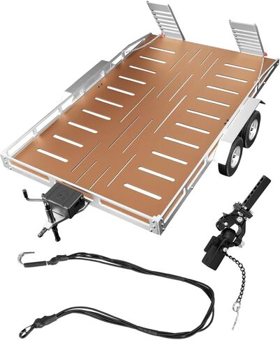 RC Alloy Aluminium Flatbed Trailer Kit Upgrades Part for 1/8 1/10 RC Crawler TRX4 TRX6 Axia1 SCX10 D90 Redcat GEN8,Trailer with Trailer Hook Coupler & Kinetic Winch Strap,Black w/Brown in Kuwait