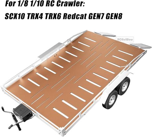 RC Alloy Aluminium Flatbed Trailer Kit Upgrades Part for 1/8 1/10 RC Crawler TRX4 TRX6 Axia1 SCX10 D90 Redcat GEN8,Trailer with Trailer Hook Coupler & Kinetic Winch Strap,Black w/Brown in Kuwait