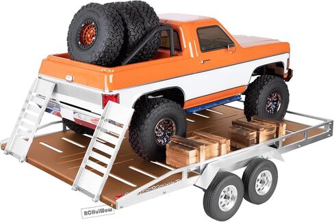 RC Alloy Aluminium Flatbed Trailer Kit Upgrades Part for 1/8 1/10 RC Crawler TRX4 TRX6 Axia1 SCX10 D90 Redcat GEN8,Trailer with Trailer Hook Coupler & Kinetic Winch Strap,Black w/Brown in Kuwait