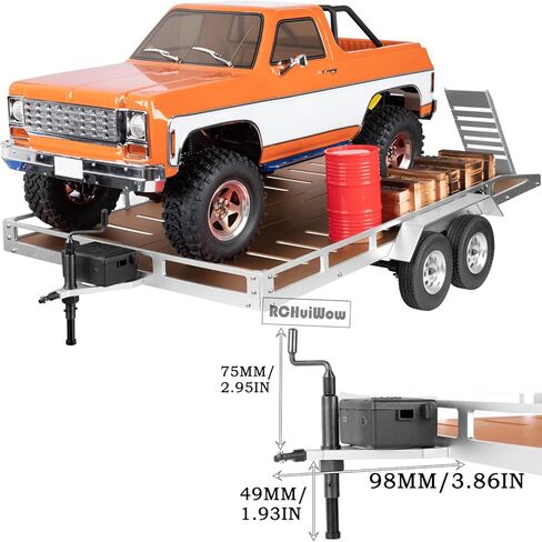 RC Alloy Aluminium Flatbed Trailer Kit Upgrades Part for 1/8 1/10 RC Crawler TRX4 TRX6 Axia1 SCX10 D90 Redcat GEN8,Trailer with Trailer Hook Coupler & Kinetic Winch Strap,Black w/Brown in Kuwait