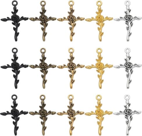 SUNNYCLUE 1 Box 50Pcs Cross Charms Tibetan Style Antique Silver Bronze Rose Cross Charm Bulk Easter Holiday Cross Crucifix Shape Small Rose Flower Charms for Jewelry Making Charm Rosary DIY Supplies in Saudi Arabia