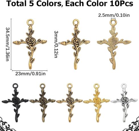 SUNNYCLUE 1 Box 50Pcs Cross Charms Tibetan Style Antique Silver Bronze Rose Cross Charm Bulk Easter Holiday Cross Crucifix Shape Small Rose Flower Charms for Jewelry Making Charm Rosary DIY Supplies in Saudi Arabia