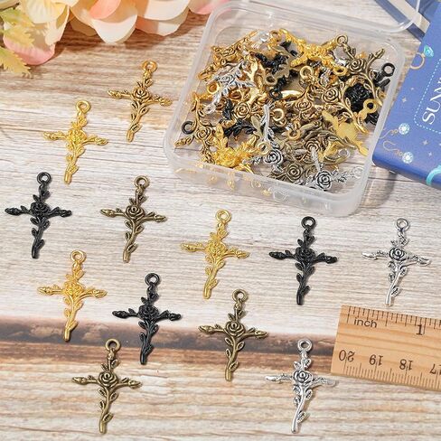 SUNNYCLUE 1 Box 50Pcs Cross Charms Tibetan Style Antique Silver Bronze Rose Cross Charm Bulk Easter Holiday Cross Crucifix Shape Small Rose Flower Charms for Jewelry Making Charm Rosary DIY Supplies in Saudi Arabia