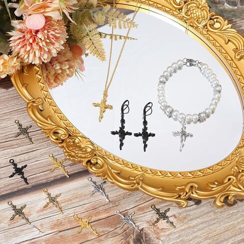SUNNYCLUE 1 Box 50Pcs Cross Charms Tibetan Style Antique Silver Bronze Rose Cross Charm Bulk Easter Holiday Cross Crucifix Shape Small Rose Flower Charms for Jewelry Making Charm Rosary DIY Supplies in Saudi Arabia
