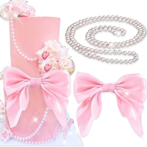 Pink Ribbon Bow Cake Topper Pearl Cake Decor Coquette Birthday Cake Bachelorette Coquette Birthday Party Bow Party Decorations in Saudi Arabia