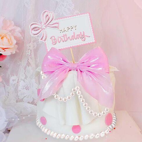 Pink Ribbon Bow Cake Topper Pearl Cake Decor Coquette Birthday Cake Bachelorette Coquette Birthday Party Bow Party Decorations in Kuwait