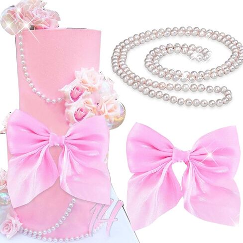 Pink Ribbon Bow Cake Topper Pearl Cake Decor Coquette Birthday Cake Bachelorette Coquette Birthday Party Bow Party Decorations in Kuwait