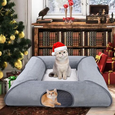 Cat Tunnel Bed for Multiple Kittens and Rabbits, Foldable Indoor Peekaboo Pet Cave, Sturdy and Scratch Resistant, Removable and Washable Soft Cushion - Cat Interactive Toys (Gray, with Door) in Saudi Arabia