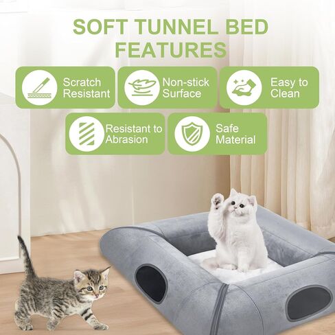 Cat Tunnel Bed for Multiple Kittens and Rabbits, Foldable Indoor Peekaboo Pet Cave, Sturdy and Scratch Resistant, Removable and Washable Soft Cushion - Cat Interactive Toys (Gray, with Door) in Saudi Arabia