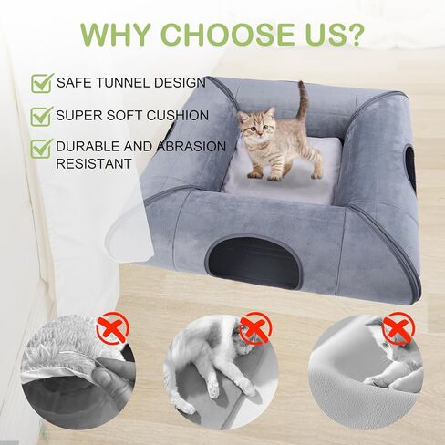 Cat Tunnel Bed for Multiple Kittens and Rabbits, Foldable Indoor Peekaboo Pet Cave, Sturdy and Scratch Resistant, Removable and Washable Soft Cushion - Cat Interactive Toys (Gray, with Door) in Saudi Arabia