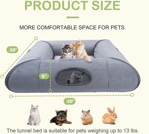 Cat Tunnel Bed for Multiple Kittens and Rabbits, Foldable Indoor Peekaboo Pet Cave, Sturdy and Scratch Resistant, Removable and Washable Soft Cushion - Cat Interactive Toys (Gray, with Door) in Saudi Arabia