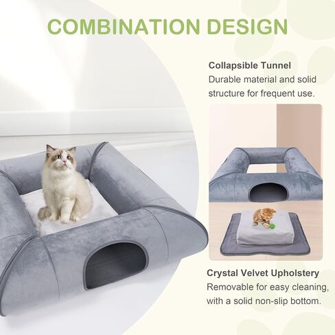 Cat Tunnel Bed for Multiple Kittens and Rabbits, Foldable Indoor Peekaboo Pet Cave, Sturdy and Scratch Resistant, Removable and Washable Soft Cushion - Cat Interactive Toys (Gray, with Door) in Saudi Arabia