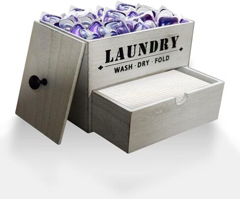 Laundry Pod Holder with Drawer for Dryer Sheets, Wall Mountable, Rustic Farmhouse Wood Color, Holds Up to 60 Pods and 300 Dryer Sheets (Farmhouse White) in Saudi Arabia