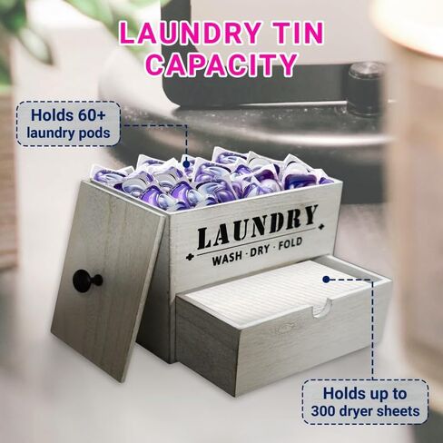 Laundry Pod Holder with Drawer for Dryer Sheets, Wall Mountable, Rustic Farmhouse Wood Color, Holds Up to 60 Pods and 300 Dryer Sheets (Farmhouse White) in Saudi Arabia