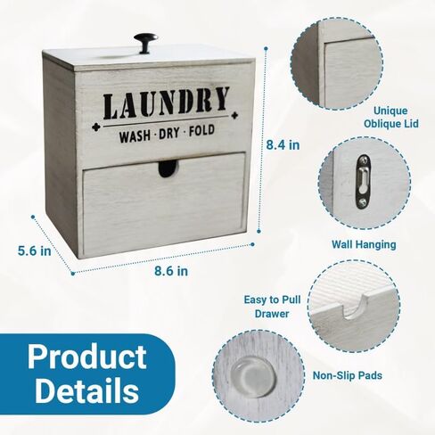 Laundry Pod Holder with Drawer for Dryer Sheets, Wall Mountable, Rustic Farmhouse Wood Color, Holds Up to 60 Pods and 300 Dryer Sheets (Farmhouse White) in Saudi Arabia
