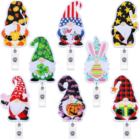 8 Pieces Holiday Badge Reels Gnome Badge Holder Felt Embroidered Retractable Badge Reel Holder with Alligator Clip for Christmas Nurse Doctor Employees (Likable Style) in Kuwait