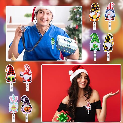 8 Pieces Holiday Badge Reels Gnome Badge Holder Felt Embroidered Retractable Badge Reel Holder with Alligator Clip for Christmas Nurse Doctor Employees (Likable Style) in Saudi Arabia