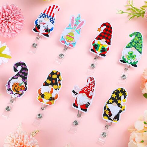 8 Pieces Holiday Badge Reels Gnome Badge Holder Felt Embroidered Retractable Badge Reel Holder with Alligator Clip for Christmas Nurse Doctor Employees (Likable Style) in Kuwait