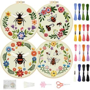 FREEBLOSS 4 Set 8'' Beginners Embroidery Kit Plants and Bees Patterns Embroidery Starter Kit with Instructions Include Embroidery Fabric Embroidery Hoops and Threads for Hanging Decor