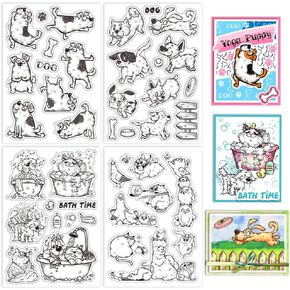 GLOBLELAND 4 Sheets Cartoon Dogs and Cats Clear Stamps Yoga Dog Clear Stamp Shower Cat Silicone Stamp Seals Transparent Stamps for Cards Making DIY Scrapbooking Photo Album Journal Home Decoration