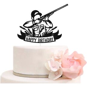 Hunter Happy Birthday with Gun Cake Topper, Hunting Lovers Birthday Party Decorations, Camping Themed Birthday Cake Decor for Men Boys, Black Glitter