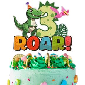 Dinosaur Cake Topper for 3 Year Old Birthday Party, Dinosaur Three Roar Themed Party Supplies for Boy or Girl Baby Shower, 3rd Birthday Party Supplies