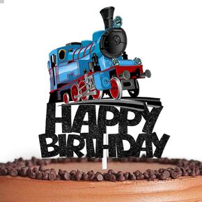 Black Glitter Happy Birthday Cake Topper Cheer to Transportation Train Railroad Crossing Theme Decor Supplies Baby Shower Children Boys Girls Happy Birthday Party Decorations