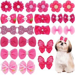 20Pcs Light Pink Small Dog Hair Bows Cute Puppy Dog Bowknot Hair Bow Bulk with Rubber Bands Elastic Lace Rhinestone Pearls Hair Ties Mix Style Handmade Flower Bow Dog Cat (Rose red, Beautiful pattern)