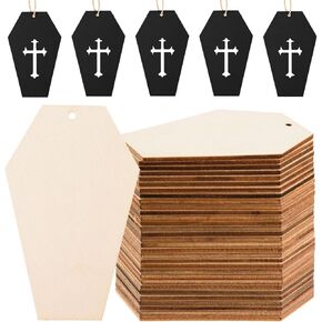 48 Pcs Coffin Wood Cutouts Unfinished Wooden Coffin Shaped Ornaments with Hole Blank Wood Halloween Tombstone Slices Cutouts with Twine for DIY Crafts Present Tags Halloween Party Decor,2.48x3.94"
