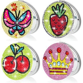 4 PCS Diamond Painting Compact Mirror DIY Pocket Mirror with Diamond Painting Cover Double-Sided Portable Folding Purse Makeup Mirror Diamond Art Kits for Women Gift