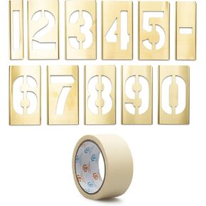 4" Curb Brass Stencil Kit - for Address Painting - Reusable Interlocking 0-9 Plus Middle Dash - Complete with Adhesive Masking Tape