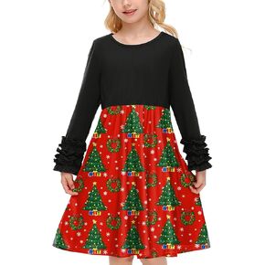 BesserBay Girls Christmas Patchwork Ruffle Long Sleeve Midi Dress 4-14 Years