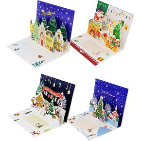 Pop-Up Christmas Cards - 3D Merry Christmas Cards with Envelopes, 4 Pack Premium Holiday Greeting Cards for Kids, Family Members - Includes Envelope, Seal Sticker and Detachable Note Tag